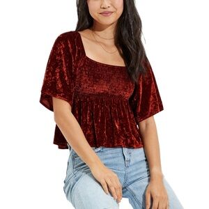 American Eagle Velvet Flutter-Sleeve Babydoll Blouse in Deep Rust